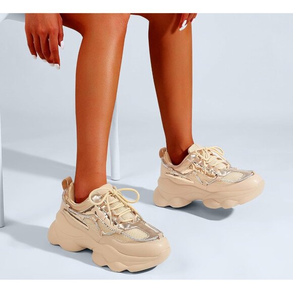 Women's 90s Chunky Sneakers Rope Platform Casual Thick Rave Walking Shoes Nude - Picture 7 of 9